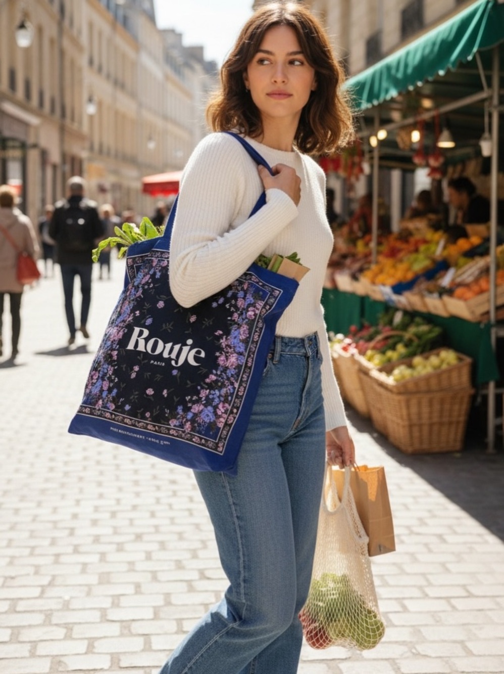 Rouje Paris Blue Floral Print Canvas Cotton Tote Bag Rue Bachaumont French Chic